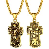 PROSTEEL Men Stainless Steel Saint Michael Necklace, Can Engrave, Gold Plated/Black-Send Gift Box Engrave-cross-golden