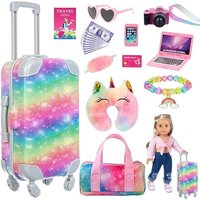ZITA ELEMENT 23 PC 18 inch Doll Accessories Suitcase Rainbow Travel Set,Suitcase, Bag, Camera, Computer, Cell Phone, Neck Pillow, Eye Mask etc Gift fo