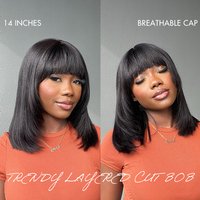 Special Offer / Put On and Go Reddish Purple / Brown Highlight / Natural Black Layered Cut Yaki Straight Minimalist Lace Bob Wig with Bangs