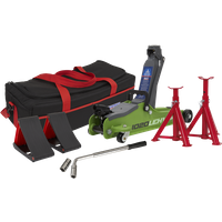 SEALEY Trolley Jack 2 Tonne Low Entry Short Chassis & Accessories Bag Combo - Hi-Vis Green | 1020LEHVBAGCOMBO | GSF Car Parts
