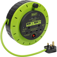 SEALEY Cassette Type Cable Reel Green With Thermal Trip 2 X 230V And 2 X Usb 10M | BCR10G | GSF Car Parts