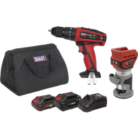 SEALEY 2 X 20V Sv20 Series Cordless Router & Combi Drill Kit - 2 Batteries | CP20VCOMBO12 | GSF Car Parts