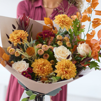 The Chrysanthemum Glow | Handmade Autumnal Bouquet with Roses and Painted Foliage | Soft Peach Cream Brown Flowers | Gift Box Arrangement