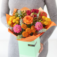 The Dahlia Delight | Autumn Gift Box with Vibrant Seasonal Blooms | Handcrafted by Local Florist | Pink Yellow Orange Red Flowers