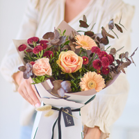 The Dawn Garden | Handmade Autumn Gift Box Bouquet | Soft Peach Burgundy Chocolate Blooms | Seasonal Fresh Flowers Arrangement