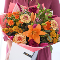 The Bonfire Beauty | Autumn Bouquet | Handcrafted by Local Florist | Vibrant Burgundy Peach Orange Yellow Flowers | Perfect for Birthdays Romance