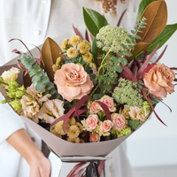 The Enchanted Forest | Handcrafted Autumn-Inspired Bouquet with Roses and Dried Foliage | Soft Peach Cream Brown Flowers