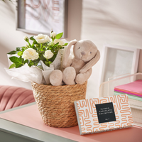 Bundle of Joy Gift Set | Soft Toy Bunny Cream Rose Plant Luxury Chocolates in Seagrass Basket Perfect New Baby Family Present