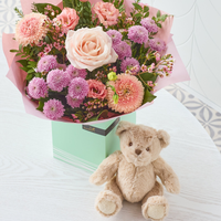 Pastels New Baby Gift Set with Rosie Bear | Hand-Tied Pastel Flower Bouquet and Soft Toy | Perfect New Baby Floral Gift Set