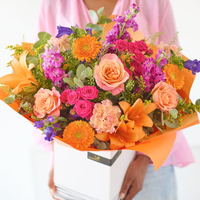 The Radiance | Luxury Handcrafted Bright Flower Bouquet | Orange Purple Cerise Peach Green Blooms | Fresh Florist Delivery