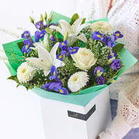 The Azure Sky | Handcrafted Flower Bouquet in White Cream and Blue | Includes Rose and Lily | Fresh Florist Arrangement