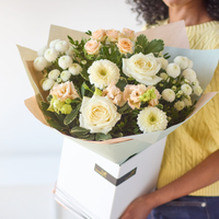 The Little Luxury | Neutral Flower Bouquet with Roses | Handcrafted by Local Florist | White Cream Peach Arrangement | Eco-Friendly Packaging