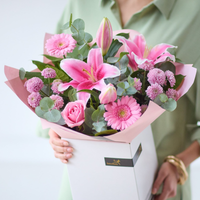 The Sweet Pinks | Handcrafted Pink Flower Bouquet | Includes Roses Lilies Germini | Perfect Gift for Pink Lovers | 7 Day Freshness Guaranteed