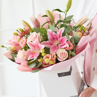The Loving Lilies | Hand-Tied Pink Bouquet with Roses and Lilies | Artisan Florist Arrangement | Fresh Seasonal Flowers