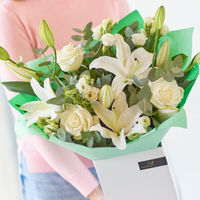 The Calming Comfort | Handcrafted White Rose and Lily Bouquet | Fresh Seasonal Flowers | Eco-Friendly Packaging | 7 Day Freshness Guaranteed