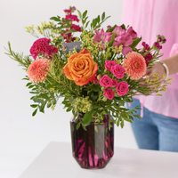 The Joy & Celebration | Bright Mixed Flower Vase Arrangement | Hand-Tied Bouquet in Stylish Reusable Vase | Vibrant Orange Cerise Yellow Peach Blooms