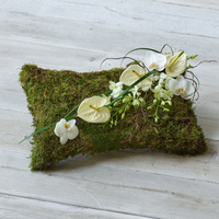 White Natural Pillow | Elegant Orchid & Anthurium Floral Arrangement on Eco-Friendly Moss Base | Handcrafted Funeral Tribute