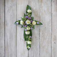 Lilac and White Cross | Funeral Flower Arrangement with Roses Lisianthus and Eucalyptus | Sympathy Tribute
