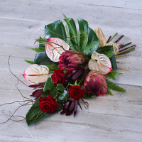 Tropical Sheaf | Vibrant Red Roses and White Anthuriums with Rich Foliage | Monstera Leaf | Funeral Flowers