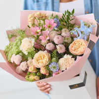 Summer Cottage Garden Bouquet | Handcrafted Summer Flowers in Soft Peach Blush Pink and Blue Shades | Romantic Gift for Birthdays and Celebrations