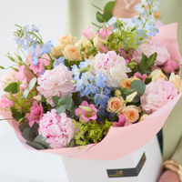 Luxury Summer Peony Bouquet | Handcrafted Pastel Flower Arrangement | Peach Blush Lemon Lilac Cerulean | Perfect for Romance & Trendsetters