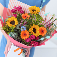 Trending Summer Bouquet with Sunflowers | Bright Cerise Saffron Tangerine Blue Blooms | Handcrafted Seasonal Flower Arrangement for Celebrations