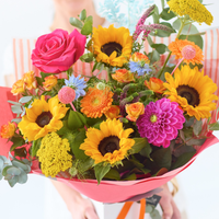 Luxury Summer Trending Bouquet with Sunflowers | Bright Summer Flowers | Handcrafted by Local Florist | Vibrant Cerise Saffron Tangerine Blue Blooms