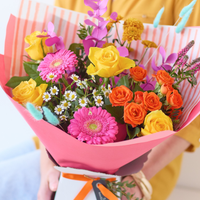Summer Trending Bouquet with Yellow Roses | Handcrafted Vibrant Summer Flowers | Bright Cerise Saffron Tangerine Blue Blooms | Perfect for Birthdays