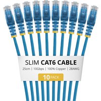 STARTECH.COM 25cm Blue Slim CAT6 Cable 10 Pack Snagless 100W PoE UTP LSZH 28AWG Pure Bare Copper Wire Slim RJ45 Network Patch Cord