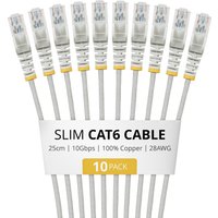 STARTECH.COM 25cm Gray Slim CAT6 Cable 10 Pack Snagless 100W PoE UTP LSZH 28AWG Pure Bare Copper Wire Slim RJ45 Network Patch Cord
