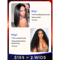 $169=2 Wigs | Nadula 16 Inch 7*5 ByeBye Knots Water Wave Wig & 12 Inch Yaki Straight Drawstring Wig