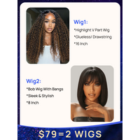 $792 Wigs Nadula Flash Deal 16 Inch Highlight Curly V Part Wig with Drawstring and 8 Inch Bob Wig with Bangs