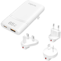 LogiLink USB-A/C Travel charger. 65 W. GaN. 2-port. 1x USB-A (QC). 1x