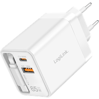 LogiLink USB-A/C charger. 65 W. GaN. 3-port. 1x USB-A (QC). 1x USB-C.
