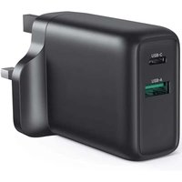 FDL 2 PORT 1X USB A QC3 & 1 X USB-C PD MAINS CHARGER 38W - BLACK