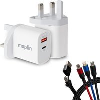 Maplin 2 Port USB Wall Charger with 3-in-1 USB-C to USB-C. Lightning &