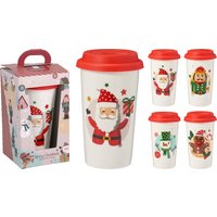 Koopman Tazza natalizia in gres con coperchio in silicone 9,5x14 cm, assortimento di 4 motivi