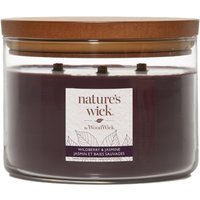 Woodwick Natures Wick Candela in Vetro con 3 Stoppini in Legno Wildberry & Gelsomino