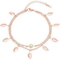 🦚 Rosévergoldete Fußkette Blätter Perle zweireihig 🦚 Rosévergoldete Fußkette Blätter Perle zweireihig