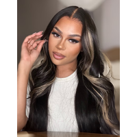 Byebye Knots 7x5 Pre-Cut Glueless Lace Invisible Knots Black With Blonde Highlights Body Wave Huma Hair Wig