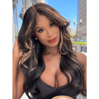 7x5 ByeBye Knots™ Glueless Lace Wig Black With Blonde Highlights Body Wave Bleached Knots
