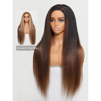 Double Wear 4x4 Yaki Straight Wig Ombre Chestnut Brown & Honey Blonde Higlight 2 Styles In 1 Put On And Go Wig