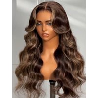 7x5 Bye-Bye Knots Lace Chocolate Brown Hair With Highlights Loose Wave Wig With Face Framing Layers 150% Density