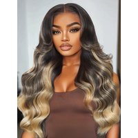 Black With Blonde Highlights 7x5 Bye-Bye Knots™ Glueless Lace Loose Wave Wig With Face Framing Layers