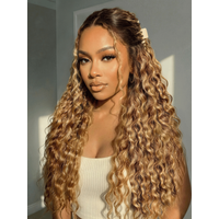 13x4 Bye Bye Slip™ Lace Frontal Caramel Brown With Honey Blonde Highlights Water Wave Glueless Drawstring Wig