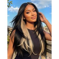 UNice Bye-Bye Slip™ 7x5 Lace Black with Blonde Peekaboo Highlights Layered Straight Wigs with Invisi Drawstring 150% Density