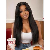 7x5 Bye Bye Knots Glueless Lace Closure Natural Black Blowout Yaki Straight Human Hair Wig with Face-Framing Curtain Bangs