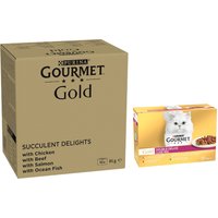 Jumbopack: Gourmet 96 x 85 g + 24 x 85 g gratis! - Gold saftig-fina strimlor, Kyckling, Havsfisk, Nötkött, Lax + Duo Delice, Luxury Mix nötkött och kyckling 12 x 85 g