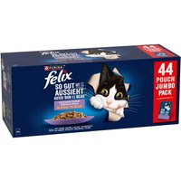 44x85g Felix Aussi bon que beau sachets en gelée poulet, bœuf, thon, saumon - Pâtée pour chat