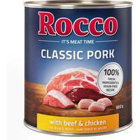 Lot Rocco Classic Pork 24 x 800 g pour chien bœuf, poulet